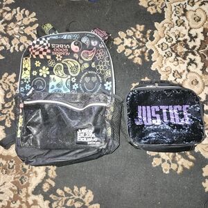 BUNDLE! Justice Black Shimmer Backpack and Sequin Lunchbox Set